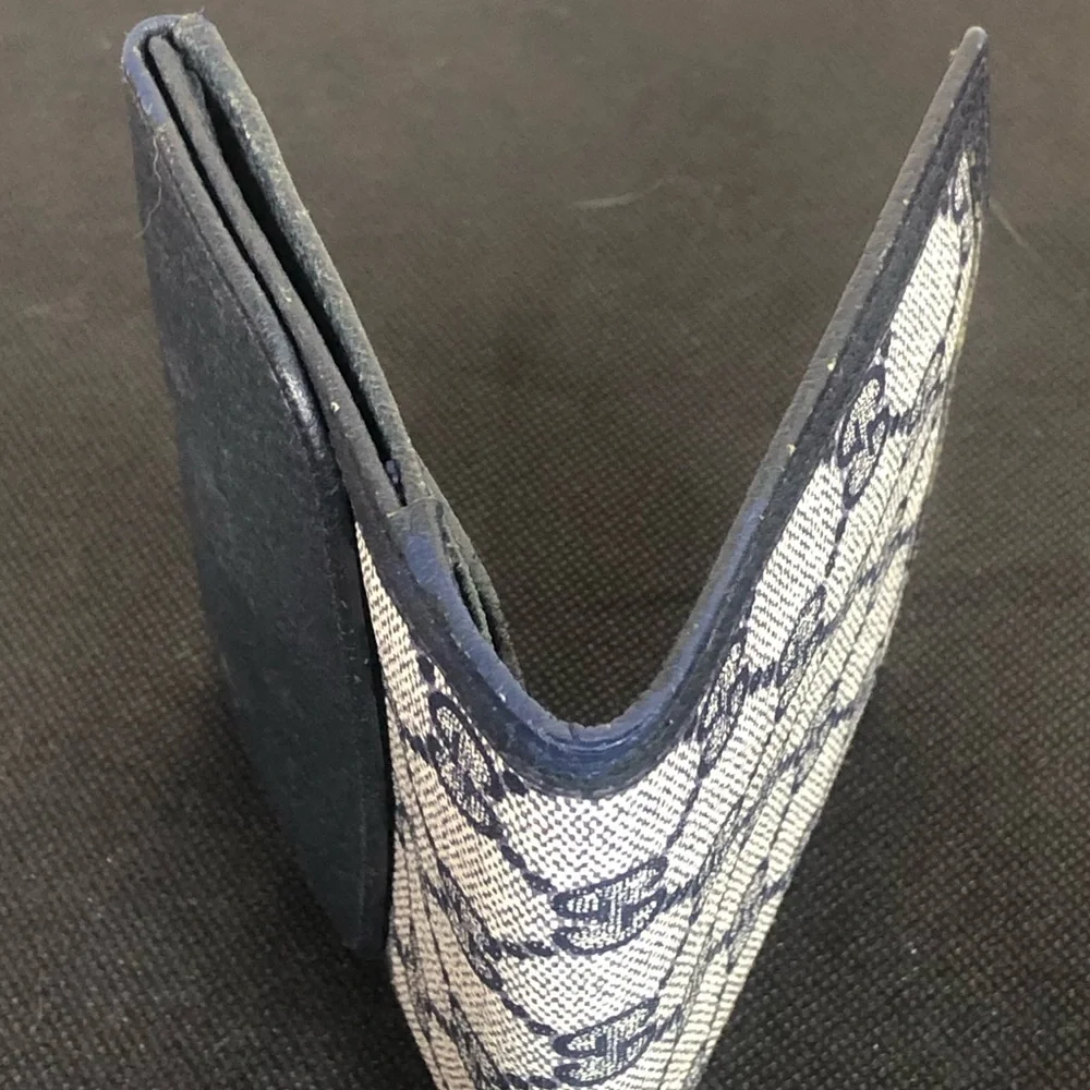 GUCCI GG Web Monogram Navy Blue Leather Coated Canvas Compact Bifold Wallet
